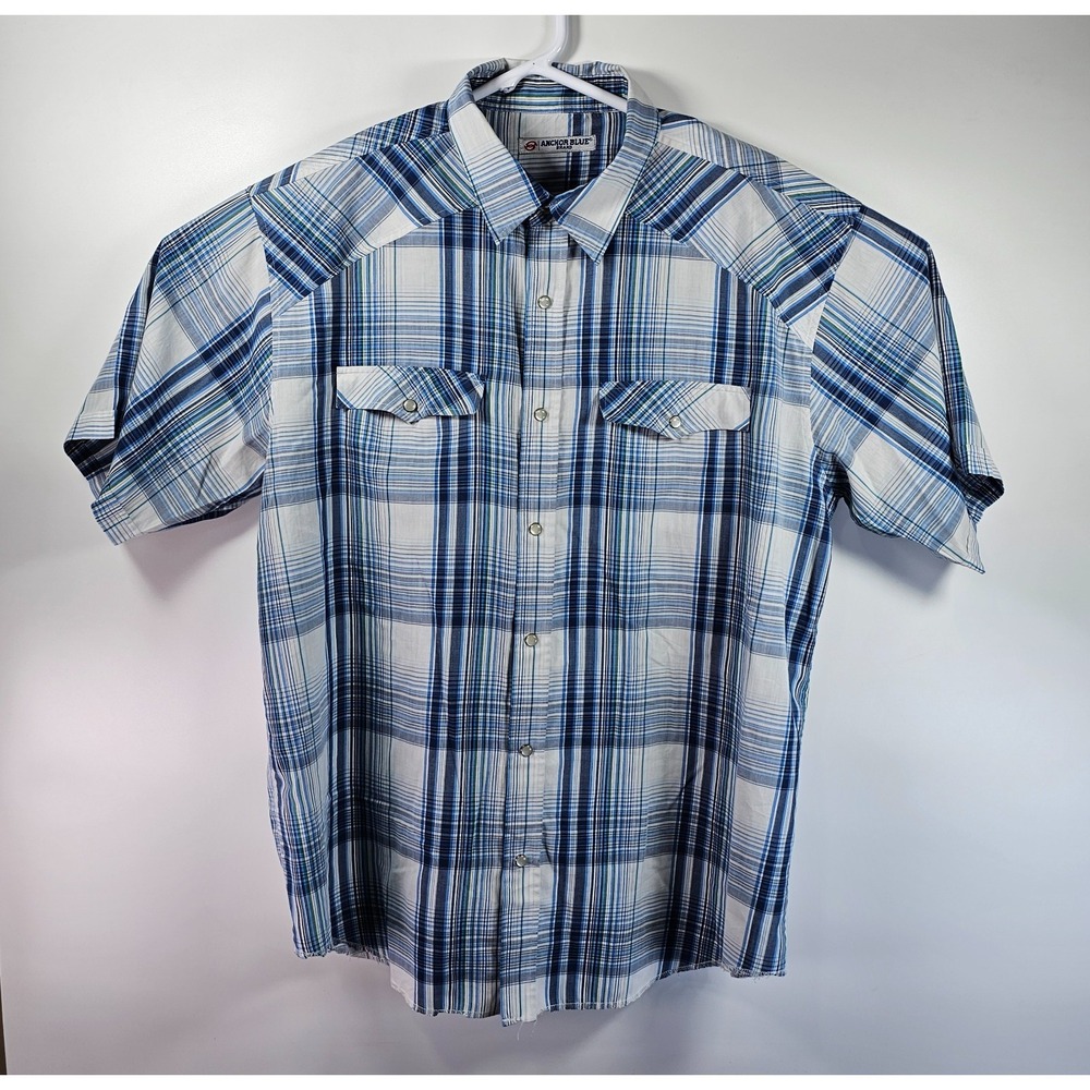 Anchor Blue Plaid Short Sleeve Pearl Snap Button Shirt Men's Medium Blue Western